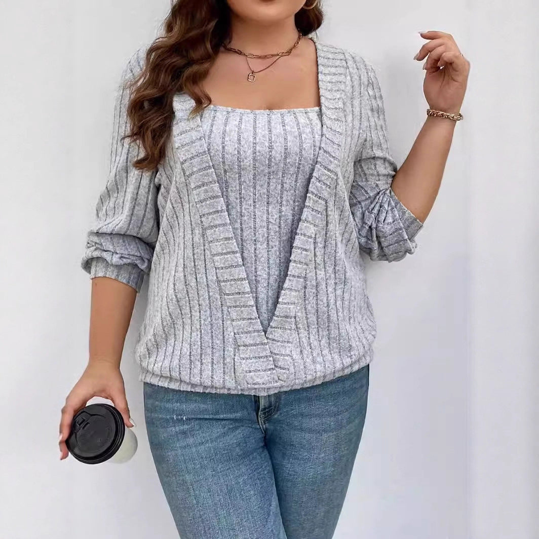 Solid Color Rib Fabric V-neck Long Sleeve False Two-piece Suit