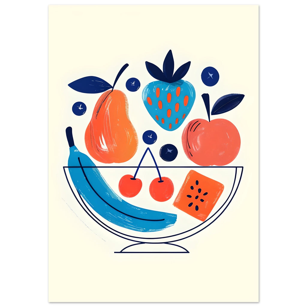Modern Fruit Bowl Poster - Scandinavian Kitchen Wall Art - Colorful Food Illustration Print