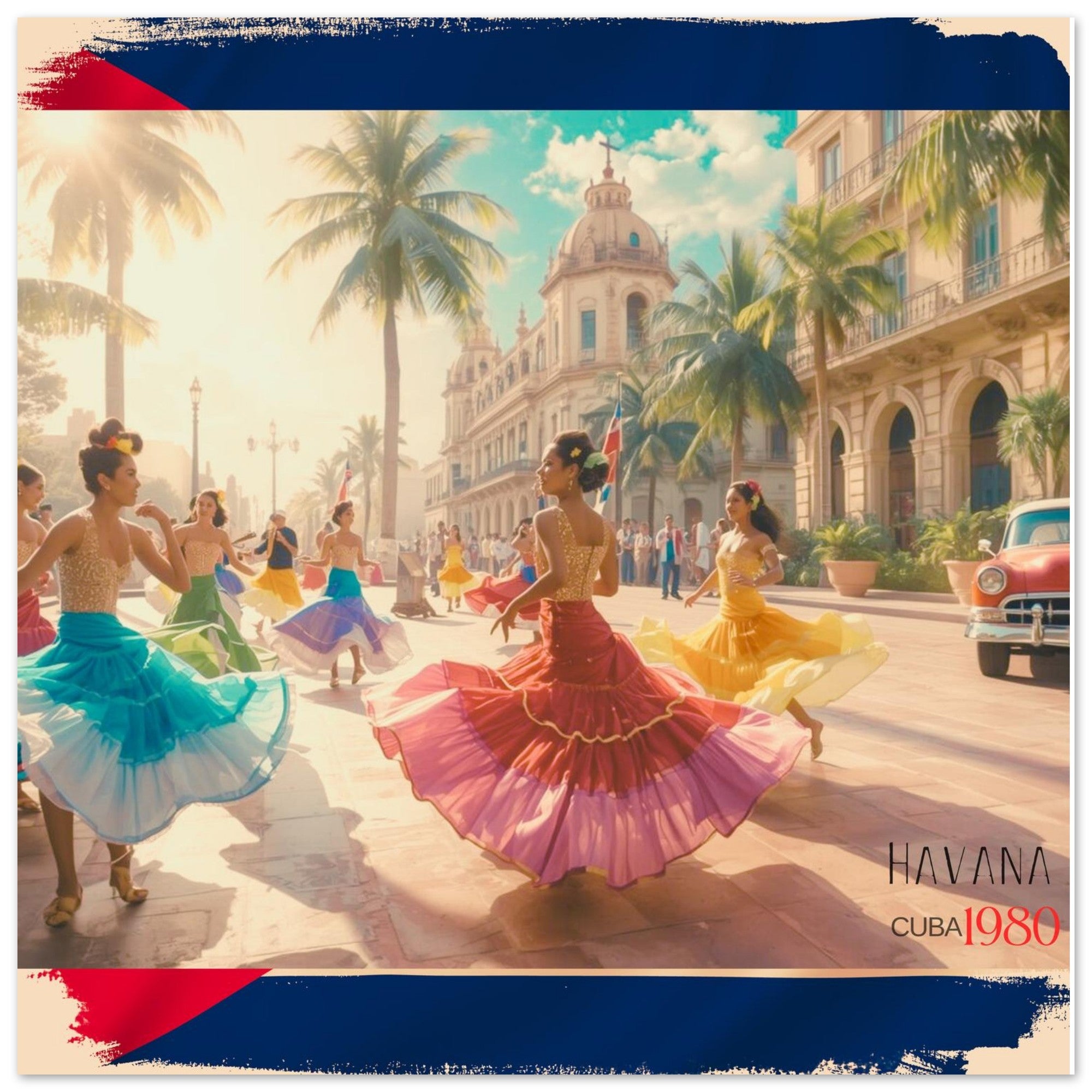 Retro Havana Travel Poster | Cuban Dancers & Vintage Car Wall Art | Colorful 1980s Decor