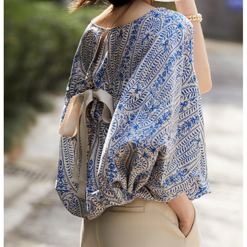 Women's Refreshing Loose Batwing Sleeve Back Lace-up Bow Floral Shirt Top