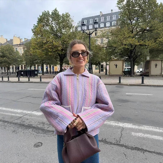 Women's Long-sleeved Polo Collar Stripes Cotton-padded Coat