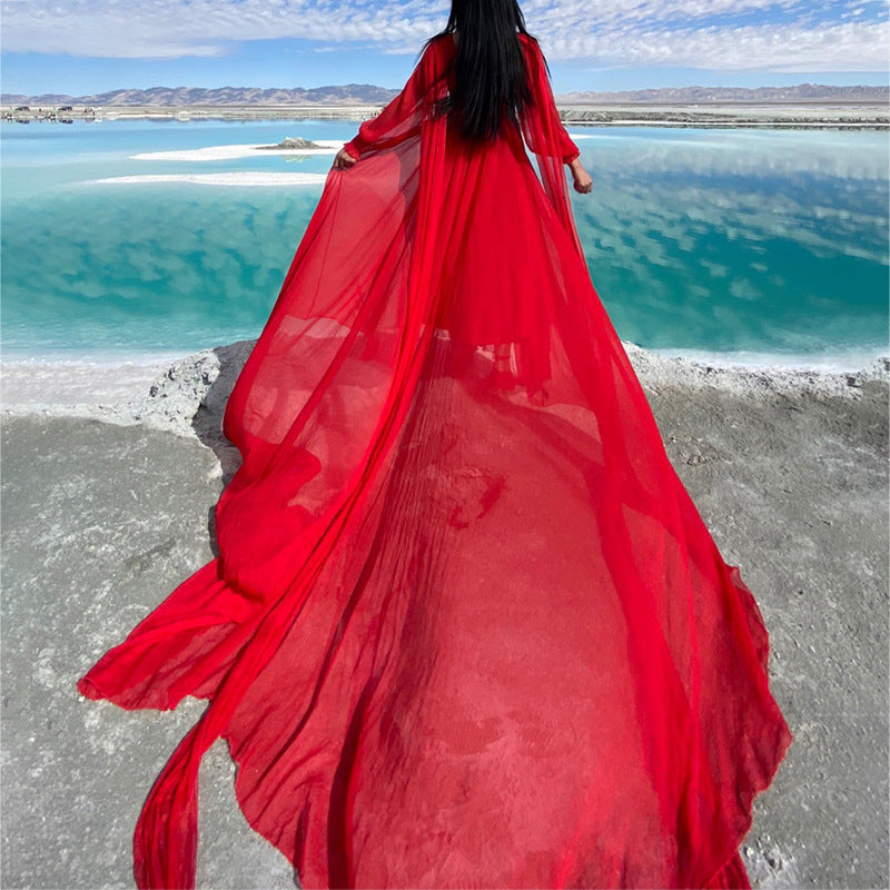 Silk Fairy Temperament Seaside Vacation Beach Dress Red