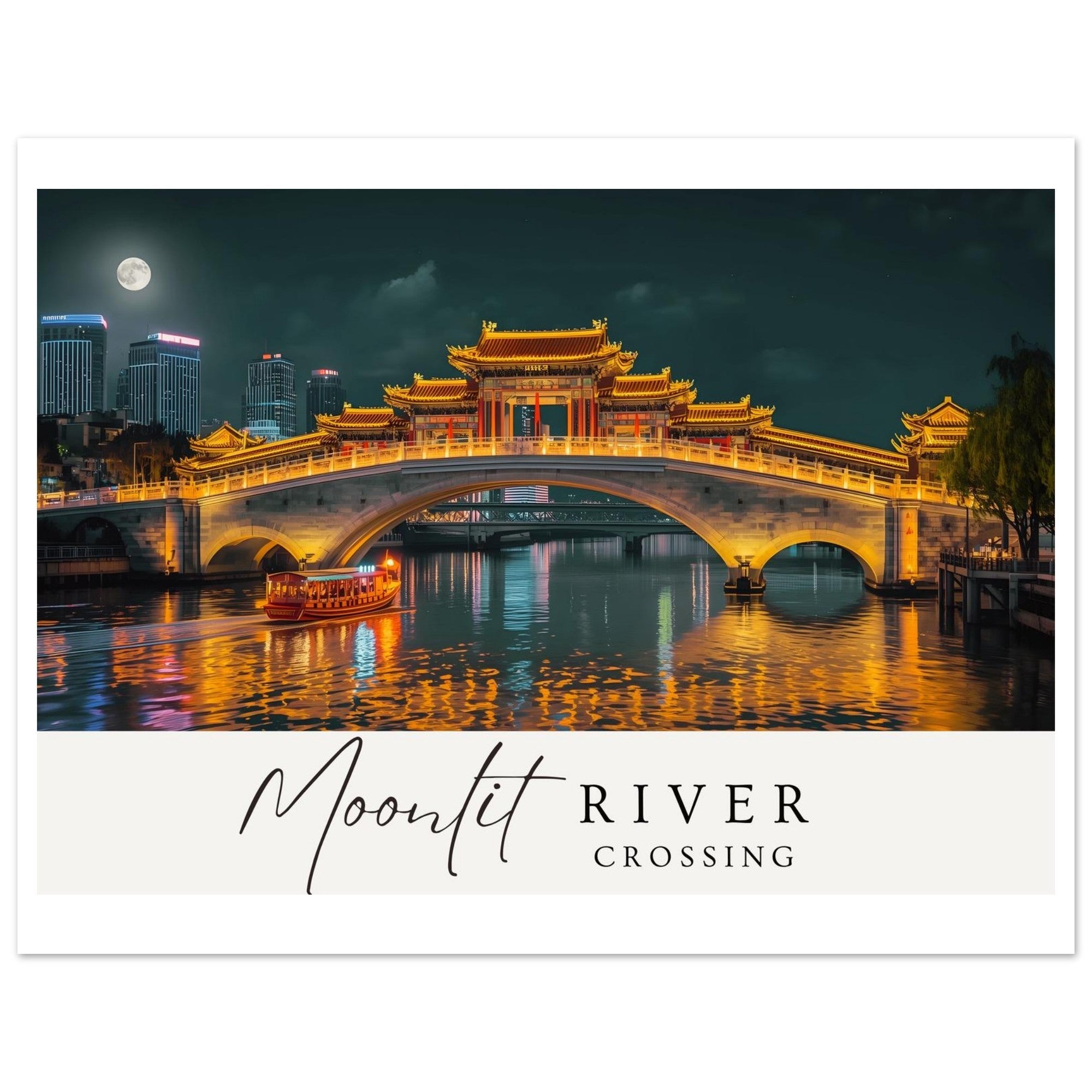 Moonlit River Crossing Poster - Illuminated Bridge Night Scene - Modern Landscape Wall Art Print