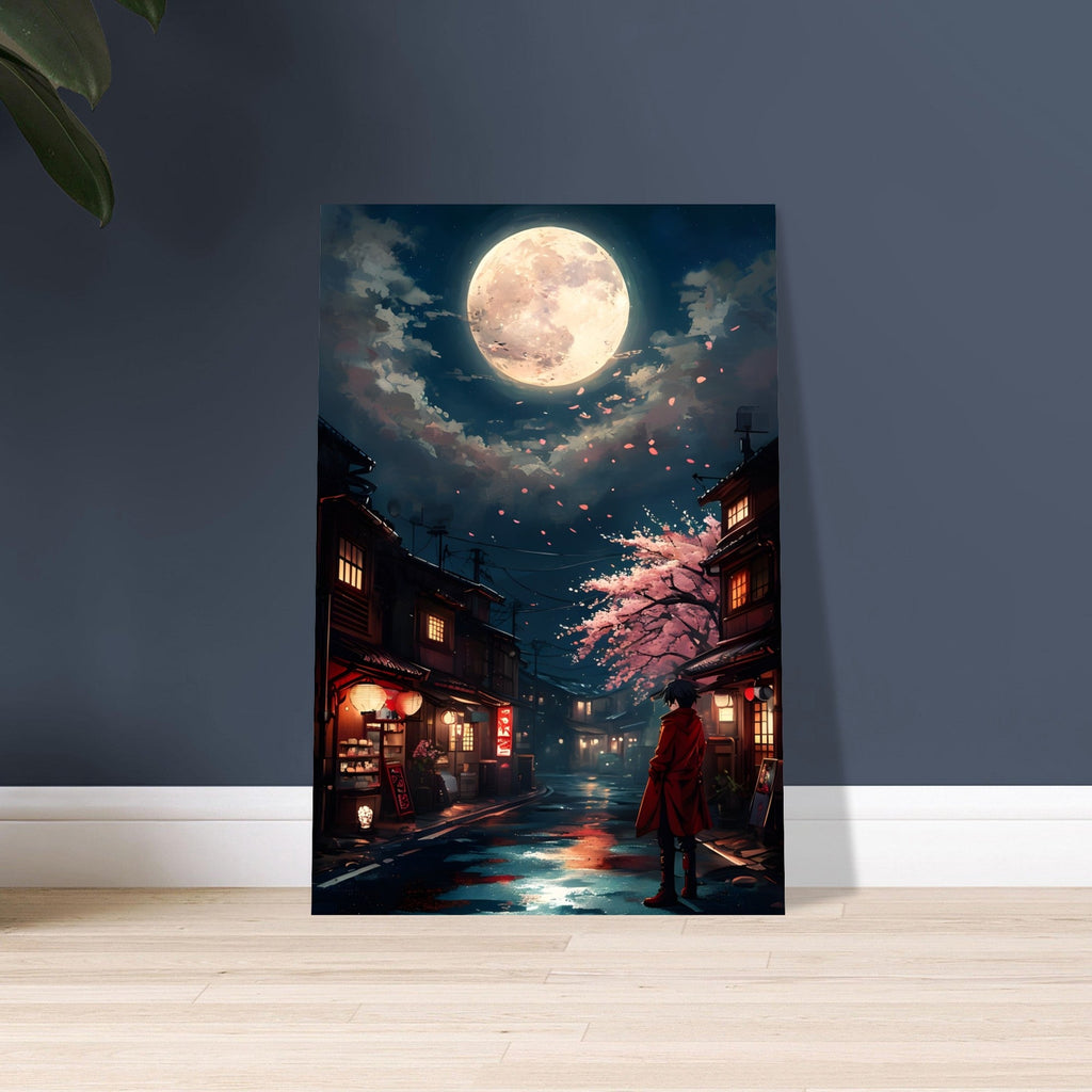Japanese Cityscape Night Poster – Urban Glow Under the Moon