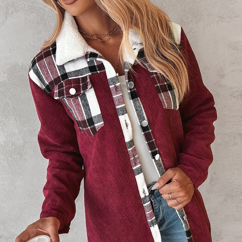 Women's Long-sleeved Plaid Contrast Color Coat