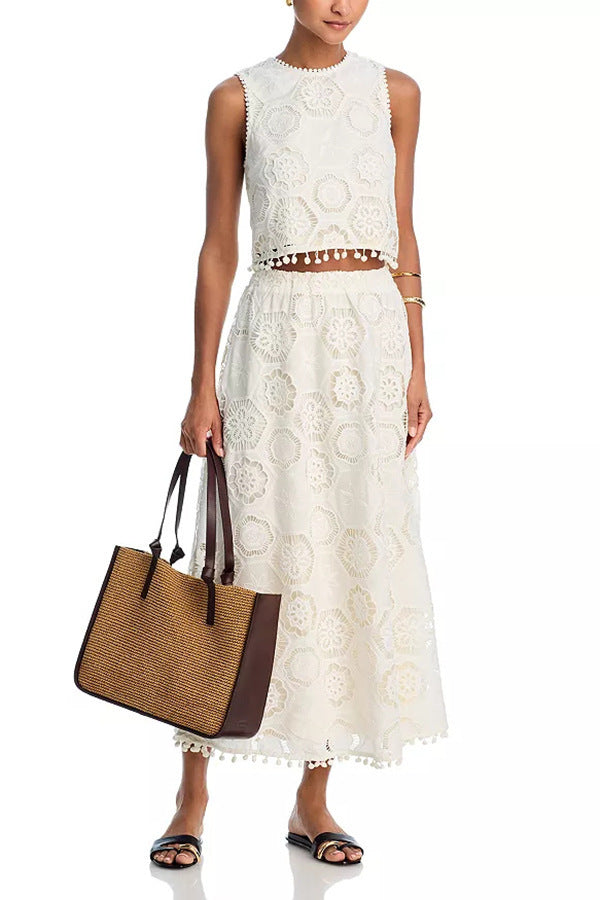 Literary Trends White Sleeveless Short Top Skirt Women's Suit