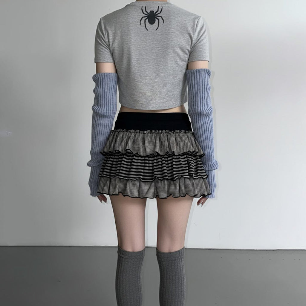 Contrast-color Striped Figure-flattering Layered Ruffle Cake Skirt