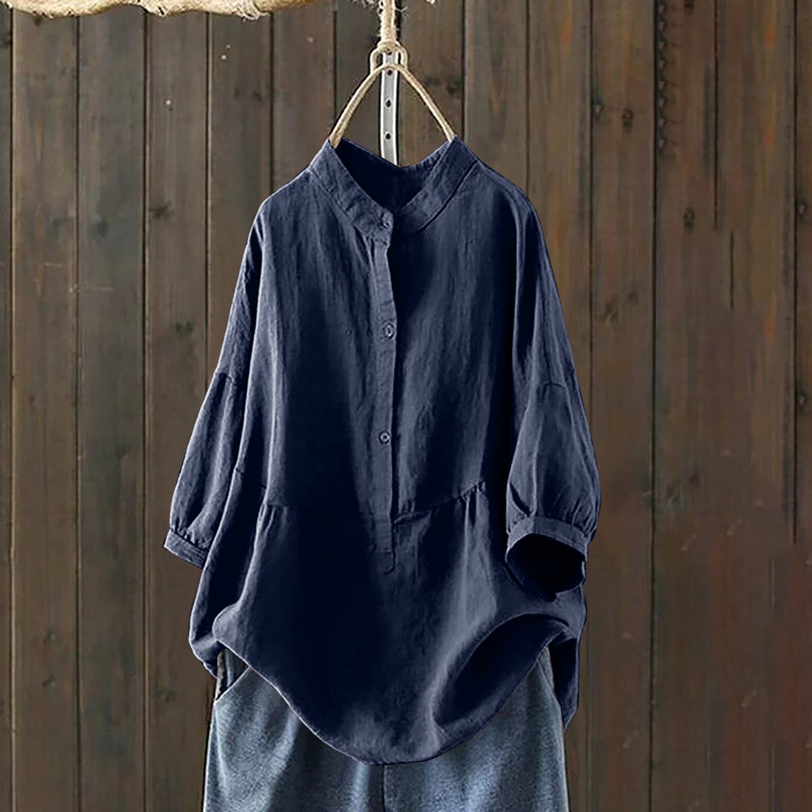 Mandarin-collar Single-breasted Traditional-style Solid-color Long-sleeve Pullover Shirt