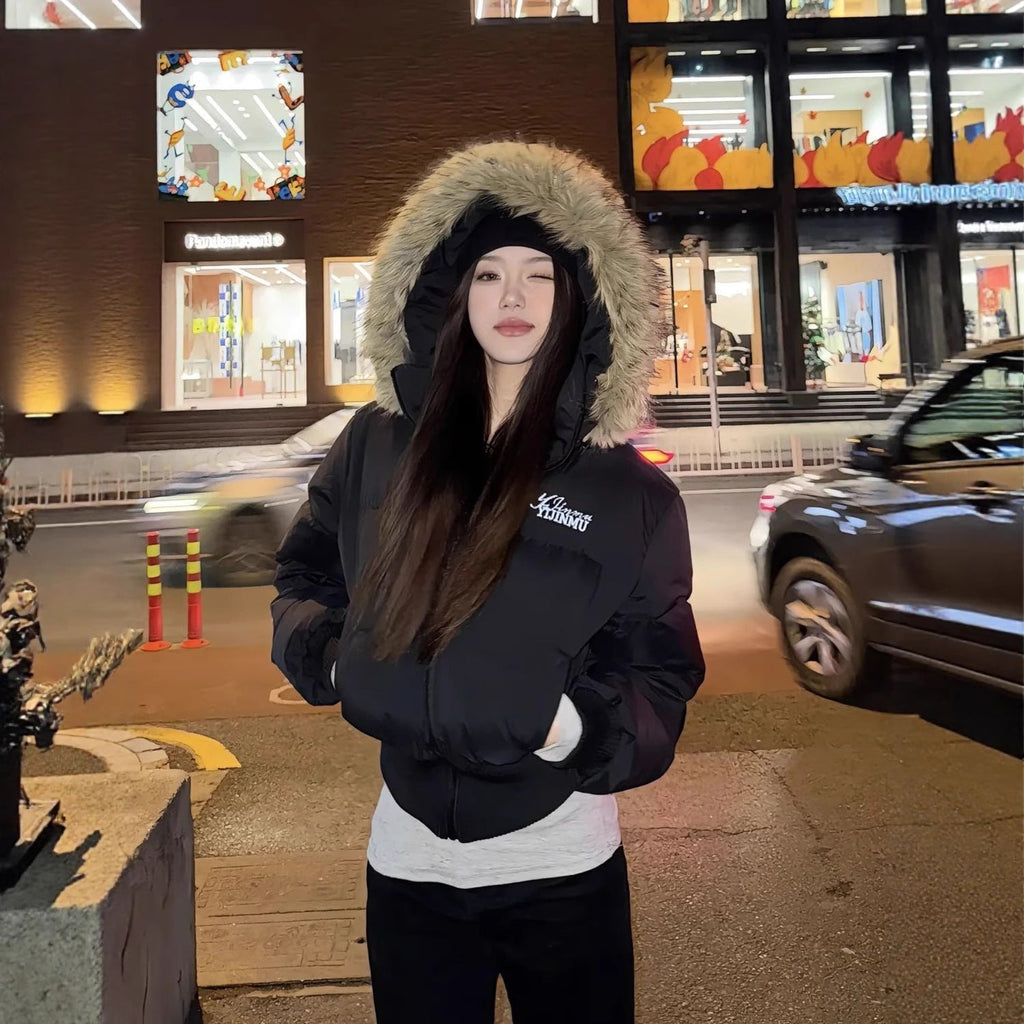 American Winter Short Faux Fur Collar Padded Coat For Women