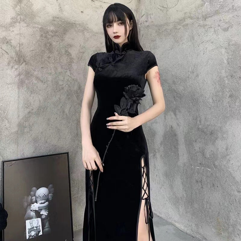 Vintage Chinese-style Velvet Cheongsam-modified Dress