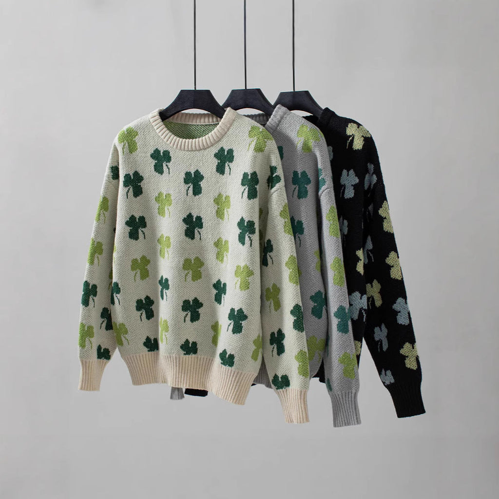 Women's Clover Jacquard Pullover Sweater - Textured Knit Round Neck
