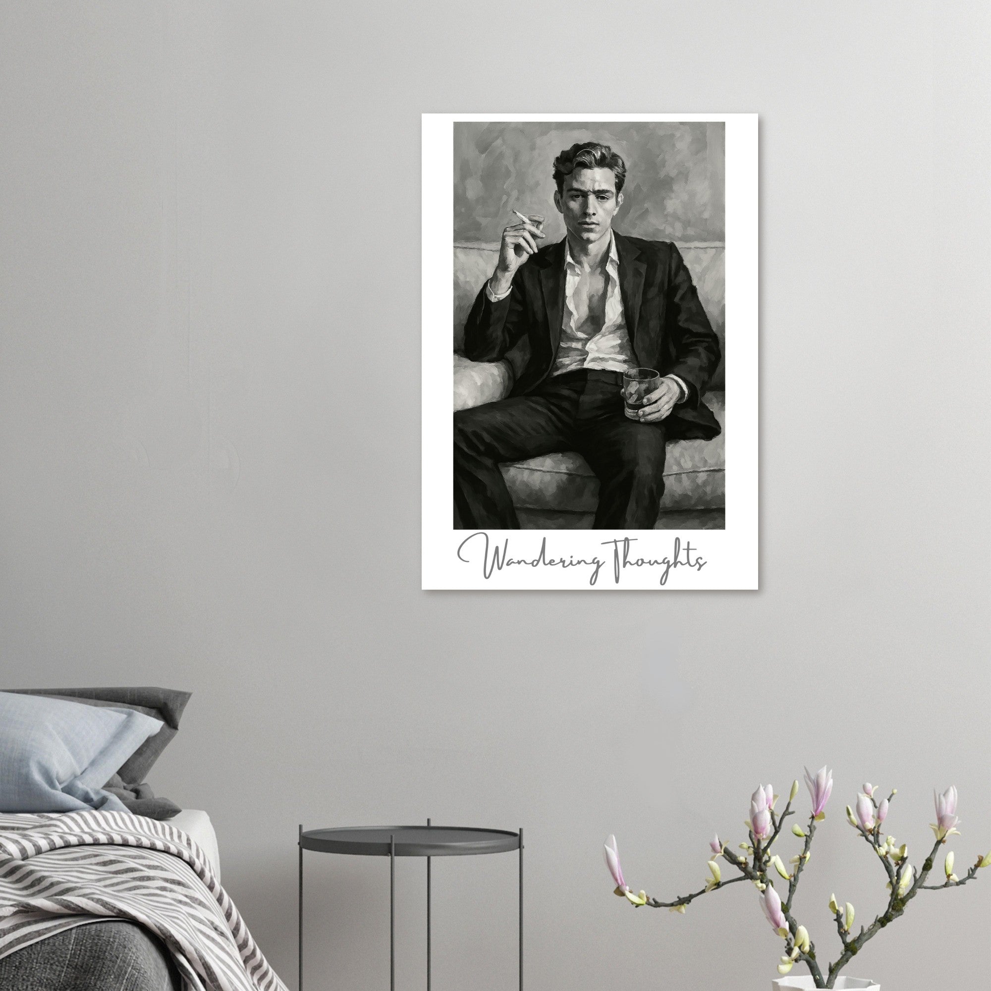 Contemplative Mood Poster. Stylish Man with Whiskey & Cigarette - Retro Decor