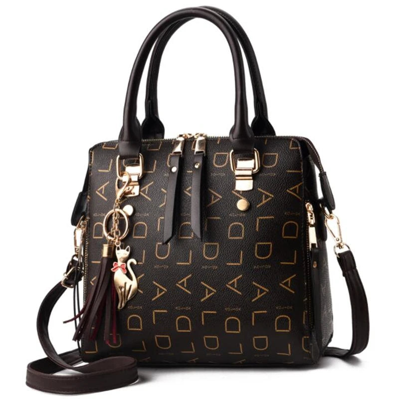 Fashion English Letter Handbag Women PU Leather Tassel Top-Handle Bag Luxury Shoulder Bag Large Capacity Lady Tote Design Purse