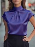Womens Solid-color Satin Top With A Pleated Design And Short Sleeves