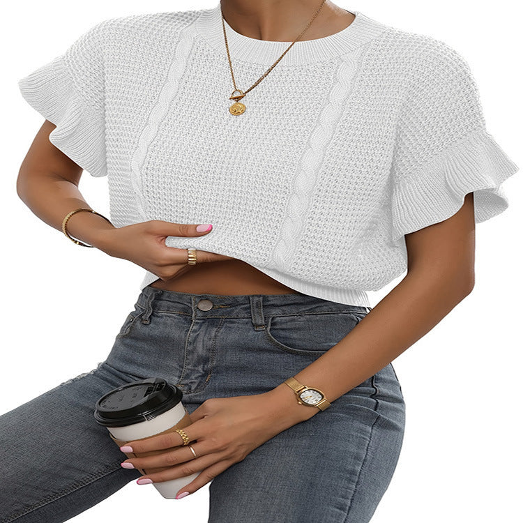 Twisted String Ruffled Short Sleeves Round Neck Knitted Pullover Knitted Sweater