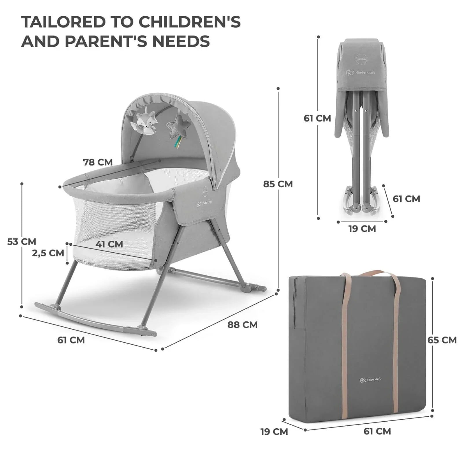 Kinderkraft Lovi 3 in 1 Baby Crib - Grey