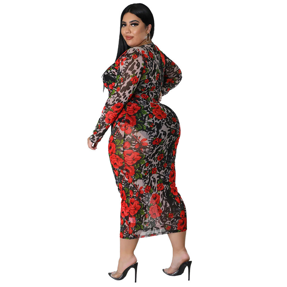 Round-neck Stretchy See-through Sheath Dress With A Printed Design