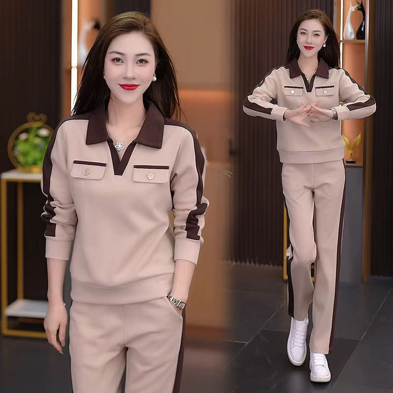 Casual Suit Women's Fashionable Stylish V-neck Slimming Long-sleeved Wide-leg Pants
