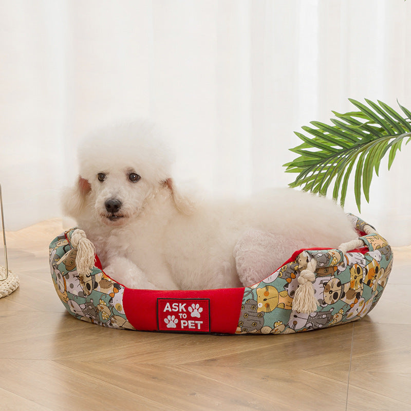 Winter Warm Printing Canvas Pet Nest Plush Thickening