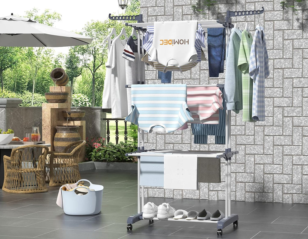 Airer Clothes Drying Rack,4-Tier Foldable Clothes Hanger Adjustable Large Stainless Steel Garment Laundry Racks for Indoor Outdoor