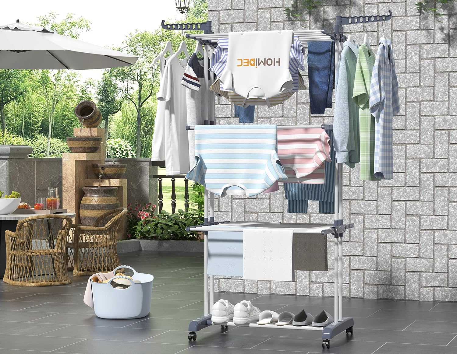 Airer Clothes Drying Rack,4-Tier Foldable Clothes Hanger Adjustable Large Stainless Steel Garment Laundry Racks for Indoor Outdoor