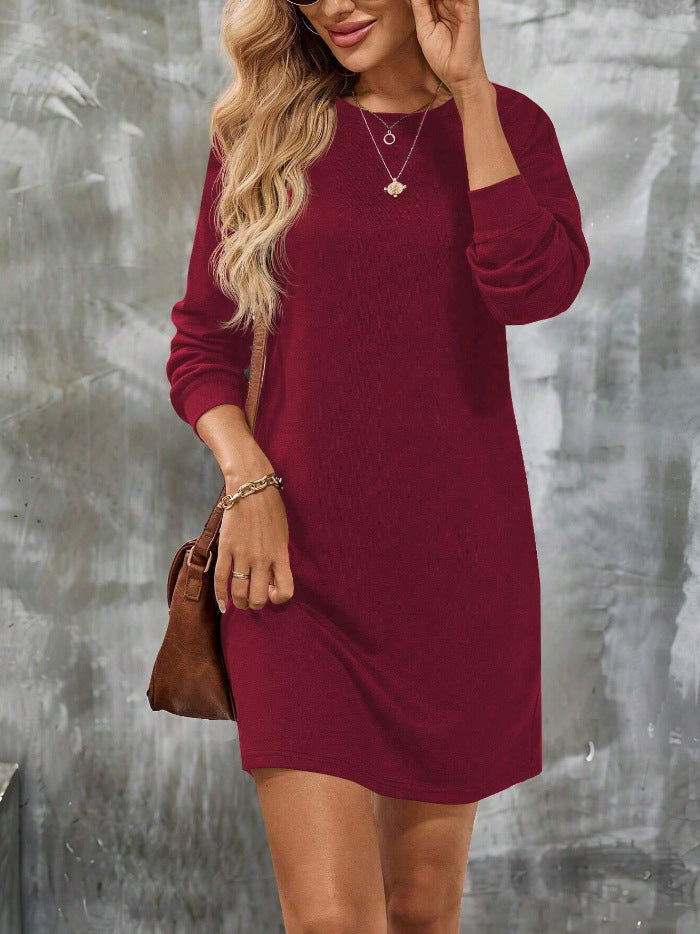 Women's Long-Sleeve Round-Neck Knitted Solid-Color Dress