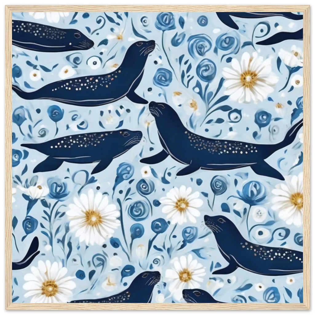Whimsical Seal and Daisy Framed Wall Art – Coastal Nature Print, Ready to Hang
