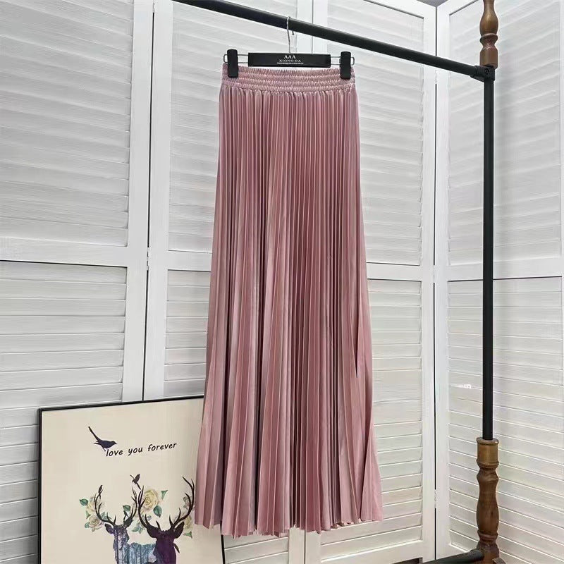 Draped Elastic-waist Versatile Figure-flattering Sophisticated Elegant Solid-color Maxi Skirt