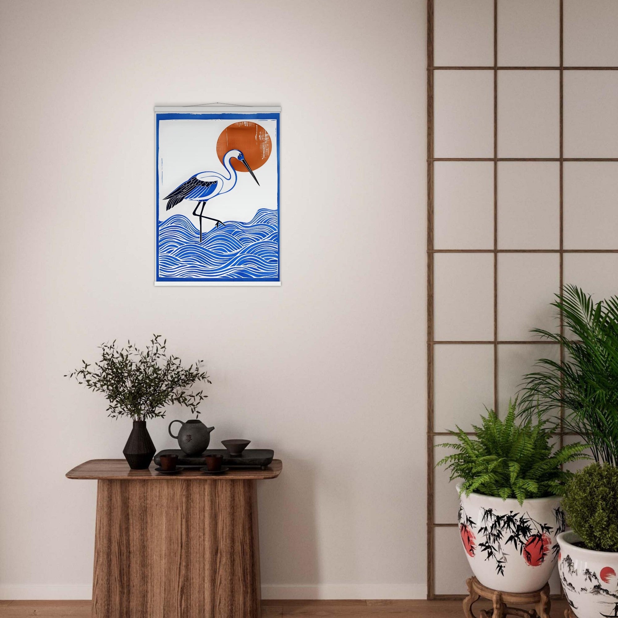 Minimalist Crane Wall Art Poster with Hanger - Japanese Ocean Prints - Modern Home Decor