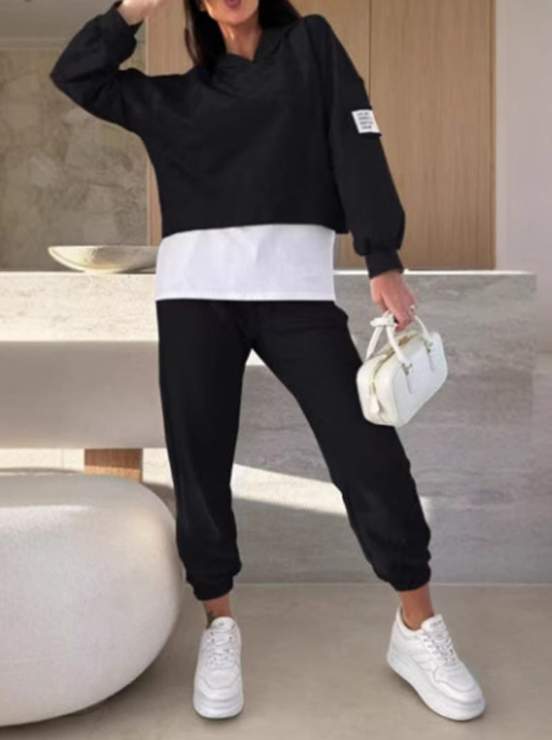 Hooded Sweatshirt Suit Loose Long Sleeve False Two-piece Tops And Jogger Sports Trousers Casual Spots Set For Women's Clothing
