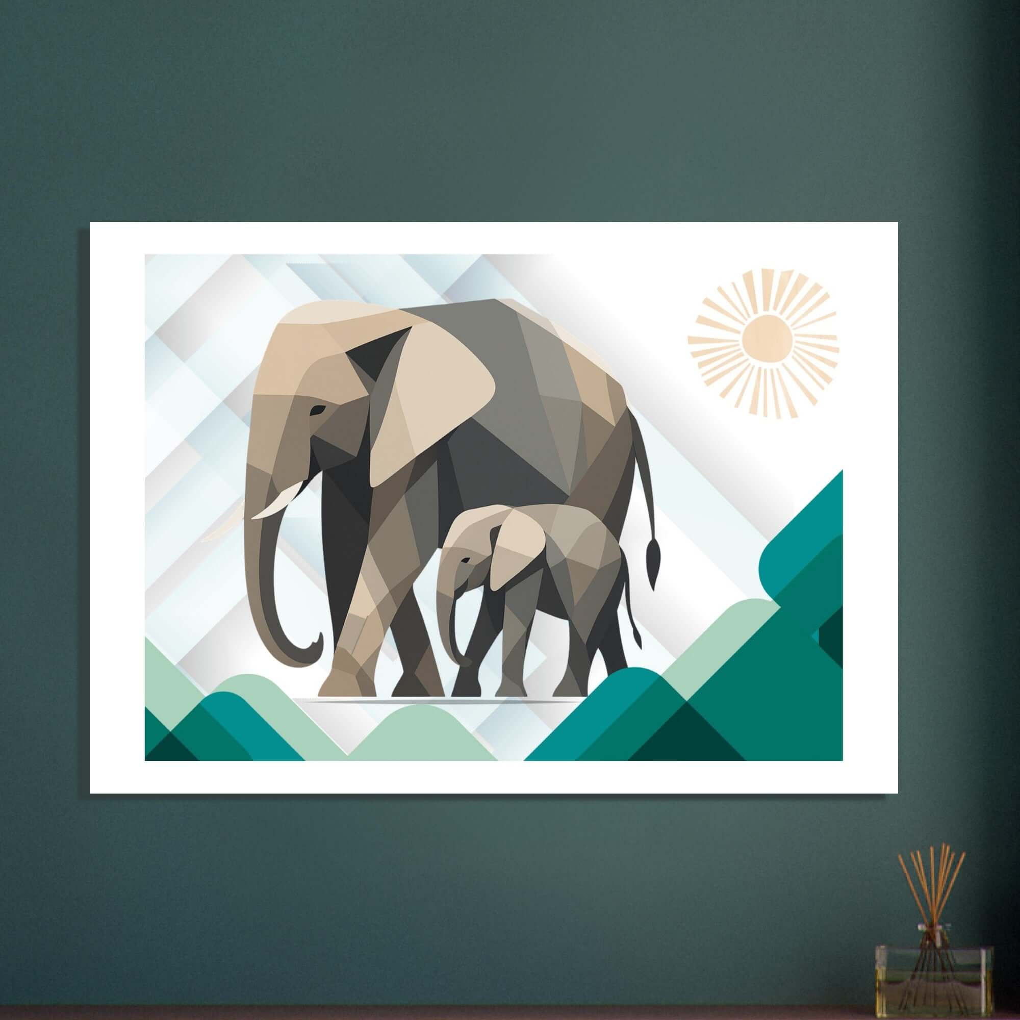 Elephant Duo Wall Art - Neutral Geometric Wildlife Illustration - Eco-Friendly Poster