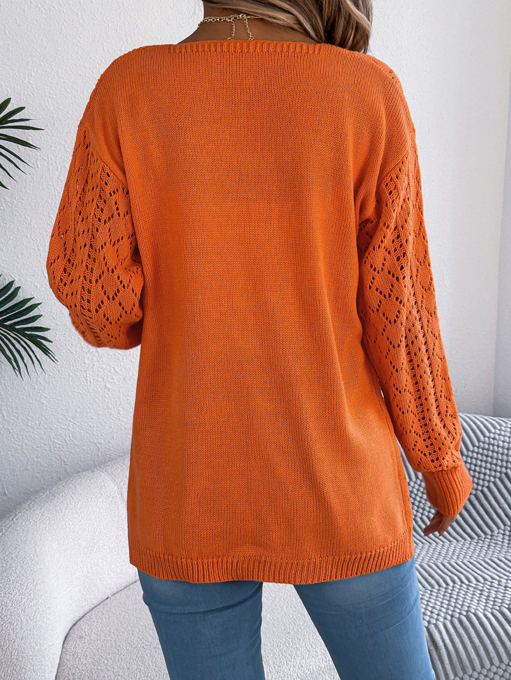 Women Hollow Out Lantern Sleeve Long Sleeve Cardigan Sweater Coat
