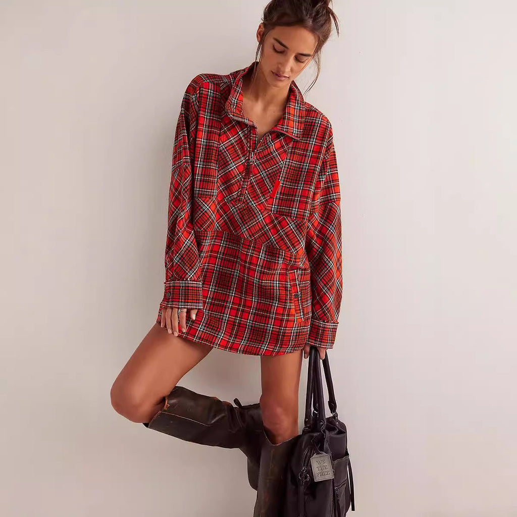 Women's Half-zip Flip Collar Loose Pocket Plaid Long Sleeve Shirt