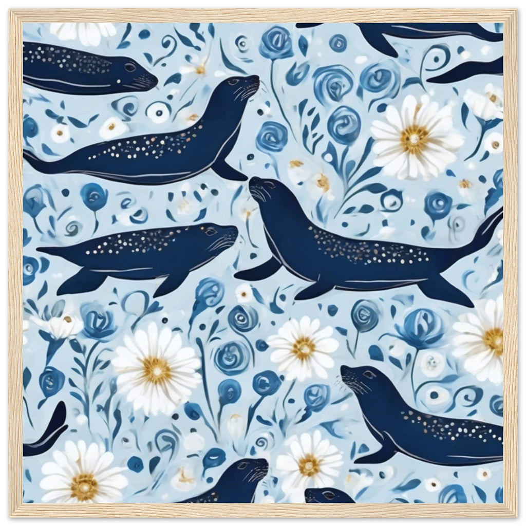 Whimsical Seal and Daisy Framed Wall Art – Coastal Nature Print, Ready to Hang