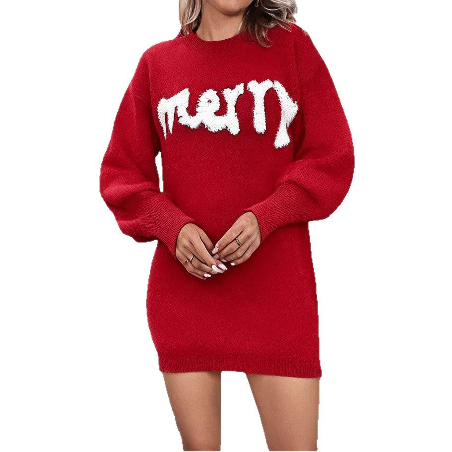 Women's Christmas Knitted Round Neck Sweater Dresses Lantern Sleeve Pullover Sheath Dress Elegant Loose New Year Party Dresses Fall Winter Knitted Sweater Jumper