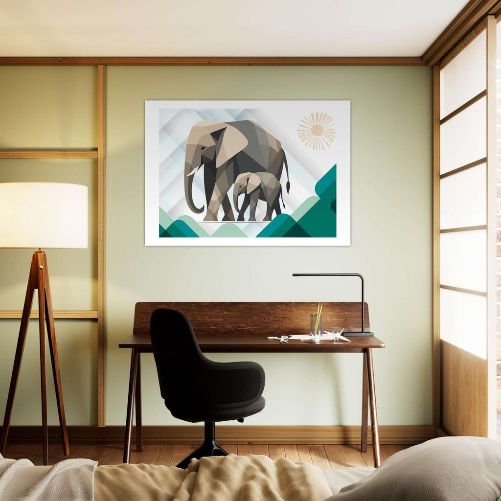 Elephant Duo Wall Art - Neutral Geometric Wildlife Illustration - Eco-Friendly Poster