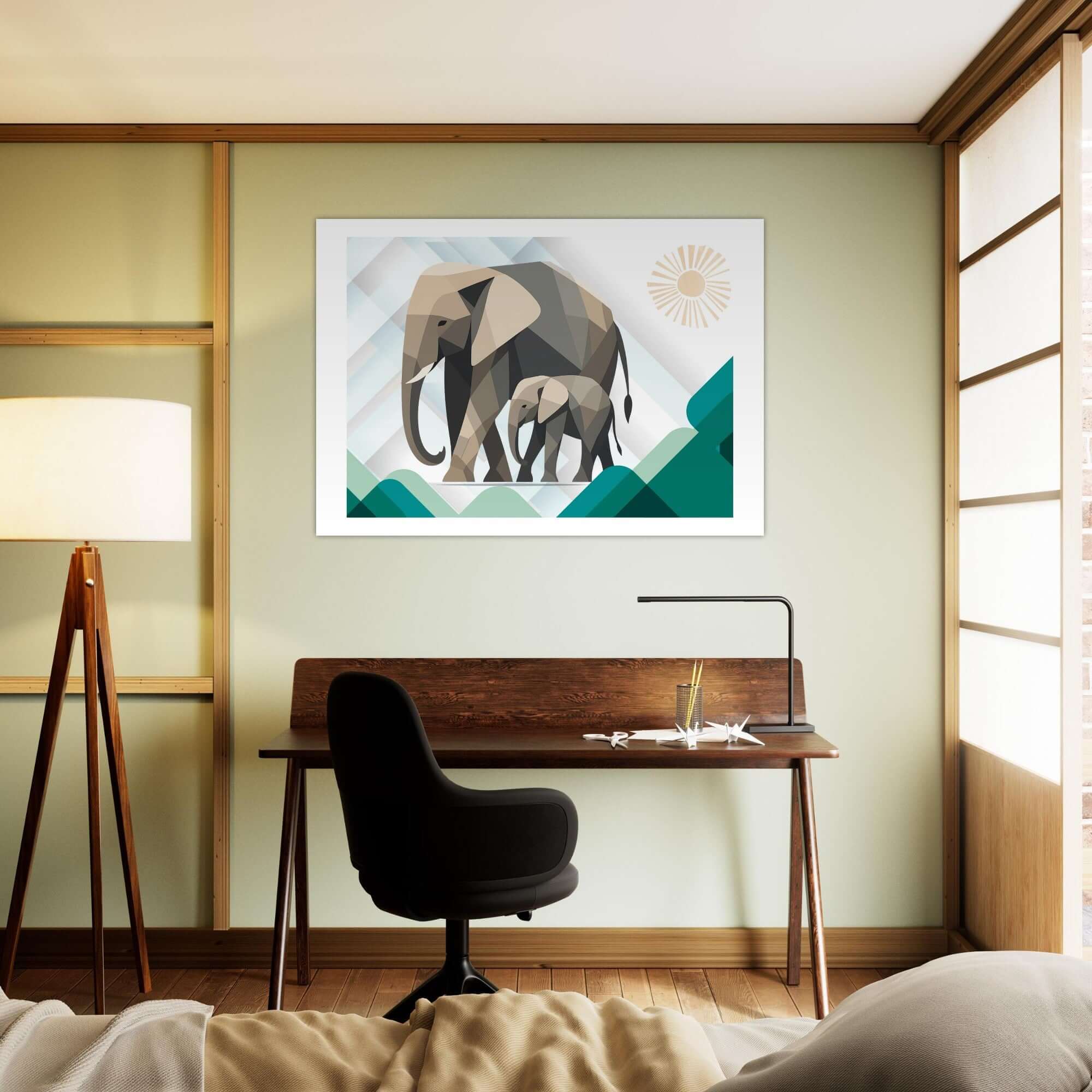 Elephant Duo Wall Art - Neutral Geometric Wildlife Illustration - Eco-Friendly Poster