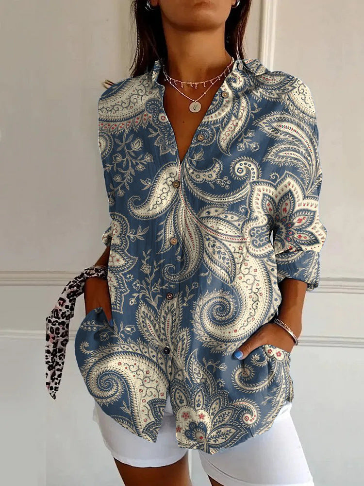 Flowers Print Long Sleeve Shirt Fashion Stand Collar Button Tops For Women Clothing