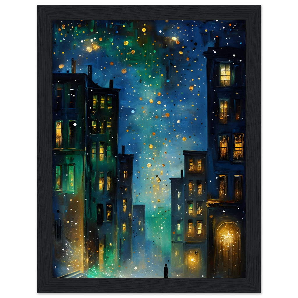 Surreal Urban Night Scene Poster - Vibrant Reflection - Black Framed Art Ready to Hang
