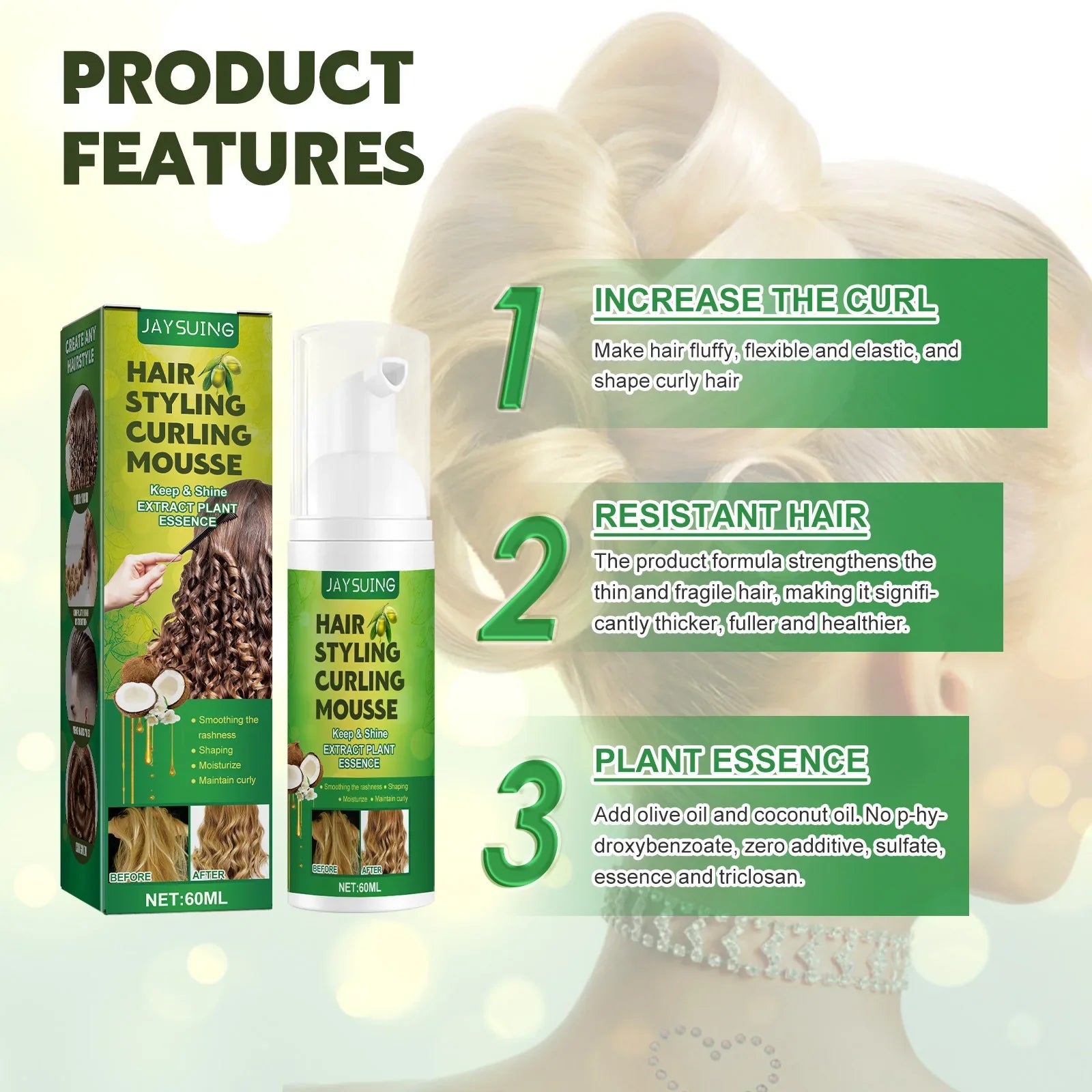 60ml Hair Sculpting Mousse Professional Curly Hair Styling Cream Natural Fluffy Curl Booster Defining Women Haircare Products