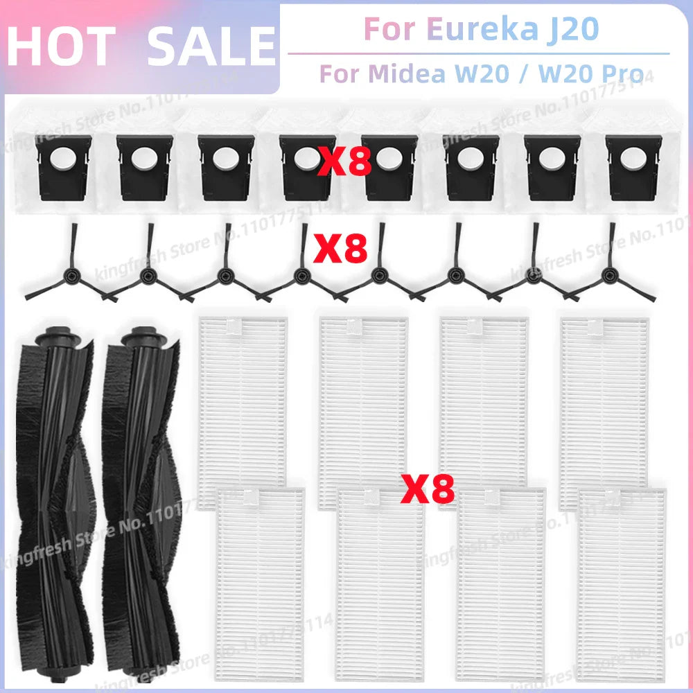 Fit For Eureka J20 / Midea W20 / W20 Pro Robot Vacuum Replacement Parts Main Roller Side Brush Hepa Filter Dust Bag Accessories