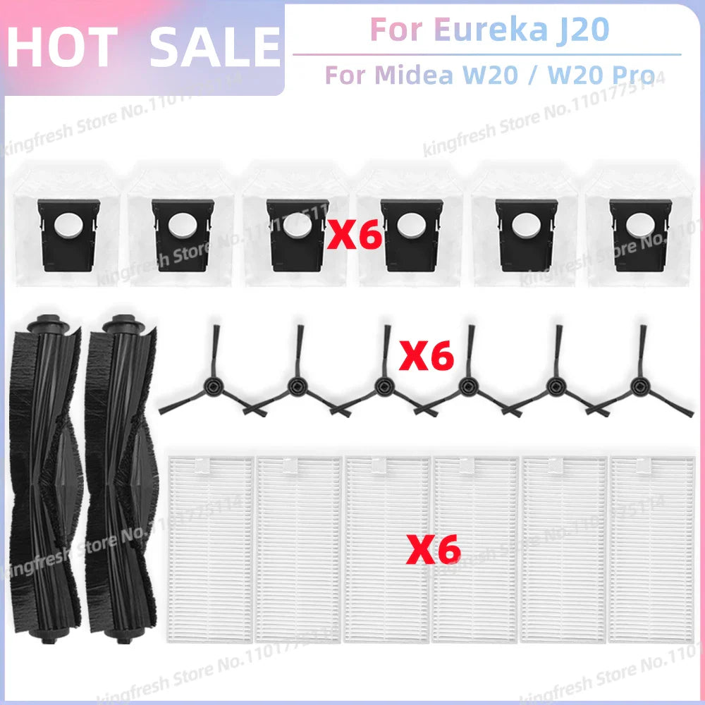 Fit For Eureka J20 / Midea W20 / W20 Pro Robot Vacuum Replacement Parts Main Roller Side Brush Hepa Filter Dust Bag Accessories