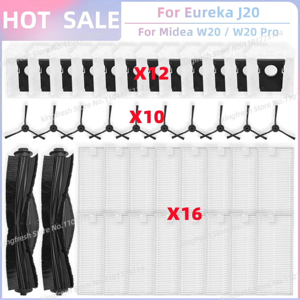 Fit For Eureka J20 / Midea W20 / W20 Pro Robot Vacuum Replacement Parts Main Roller Side Brush Hepa Filter Dust Bag Accessories