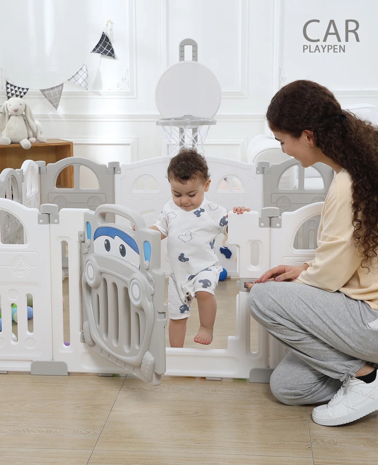 UBRAVOO Foldable Baby Playpen with Basketball Hoop & 50Pcs Coloured Pit Balls,  Toddler and Baby Play pen  fence, 14-Panel