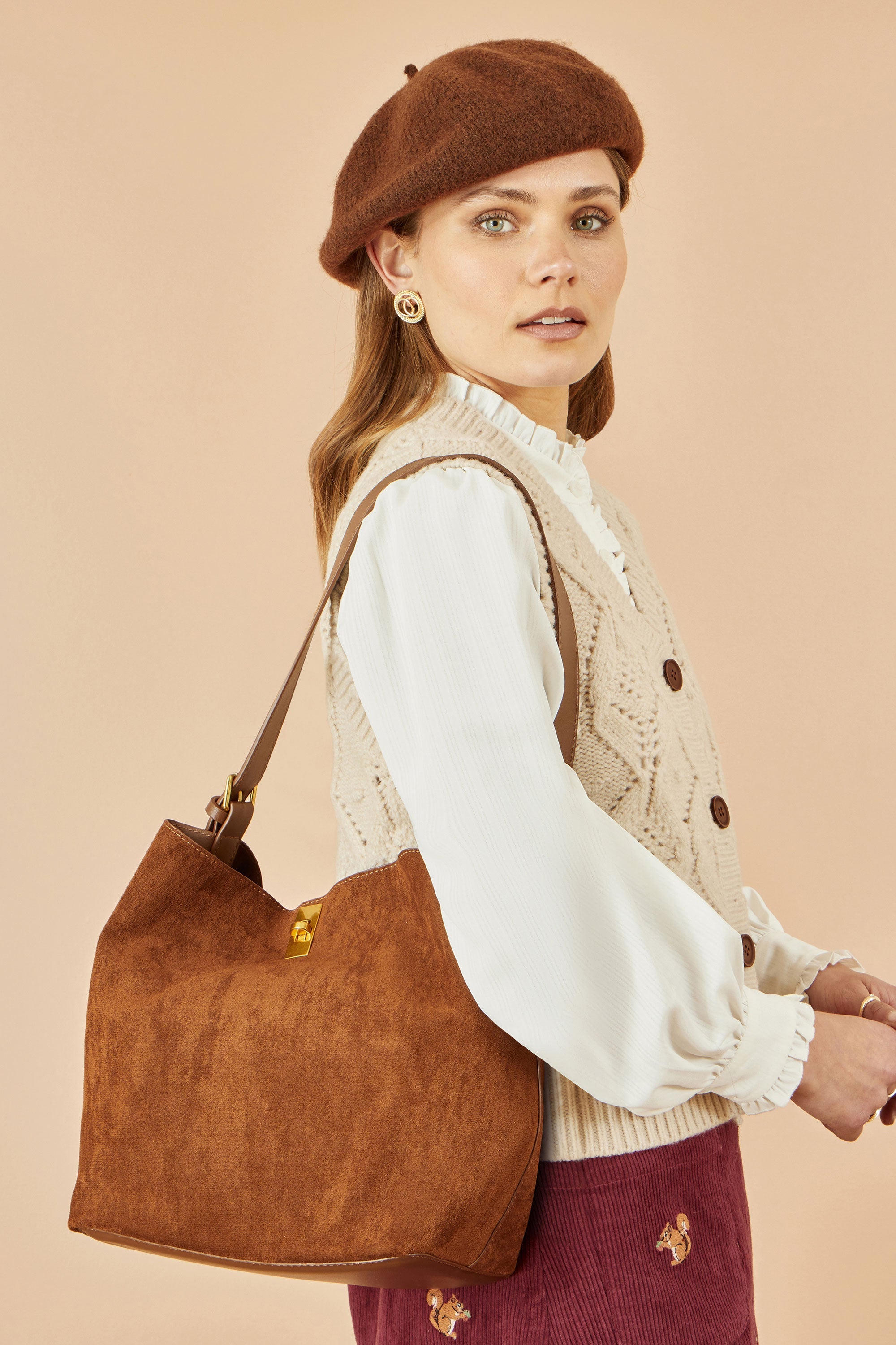 Yumi Tan Faux Suede Bag With Inside Pouch