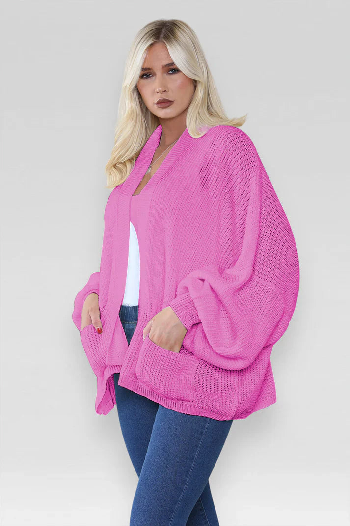 Ladies Oversized Cropped Short Balloon Pocket Chunky Knitted Cardigan