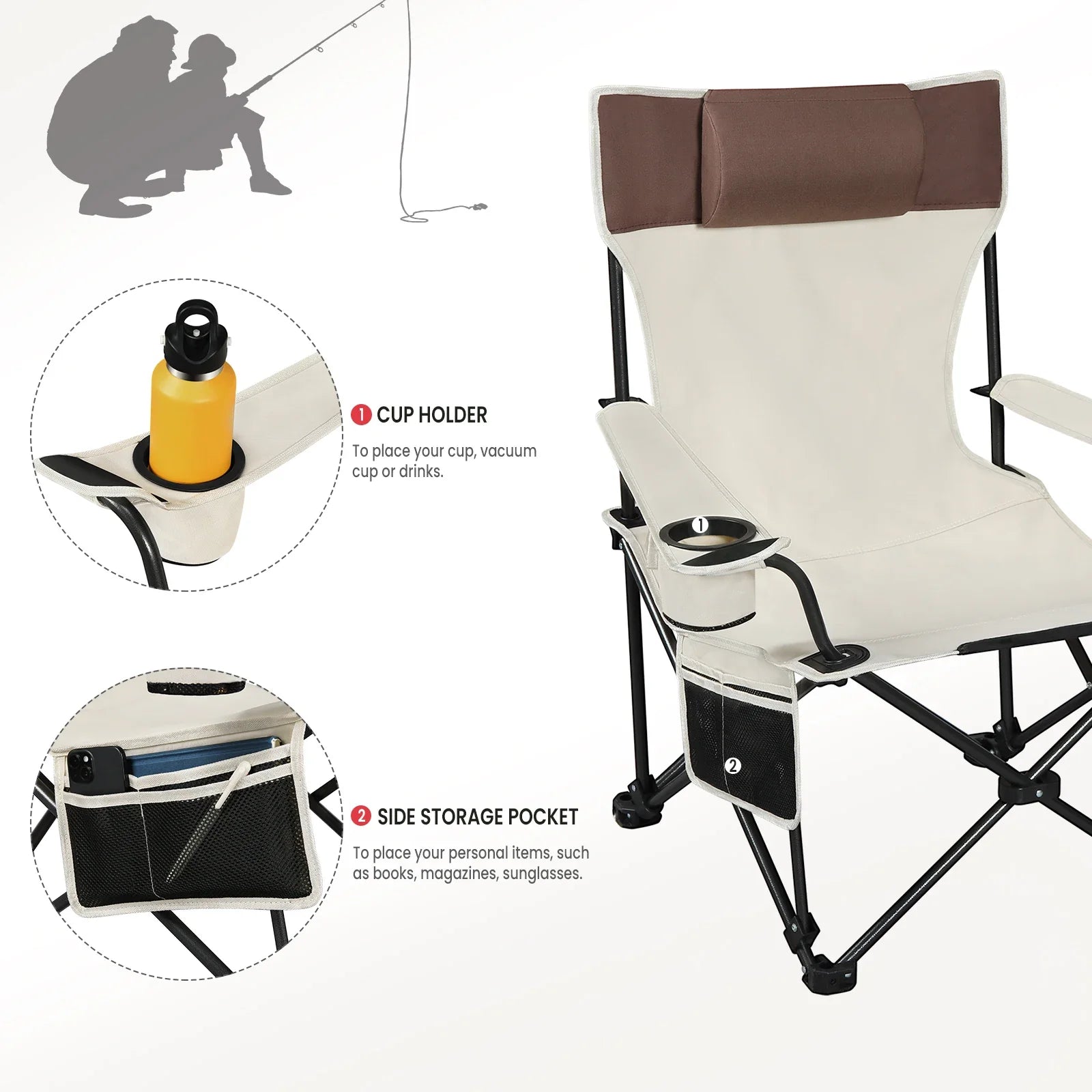 Folding Camping Chair  Lightweight Outdoor Chair Fishing Chair with Headrest Cup Holder Storage Carry Bag for Hiking Picnic Beac