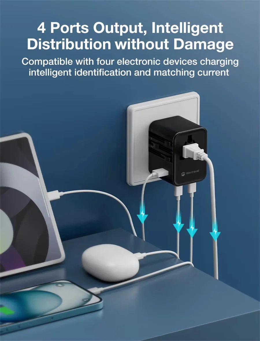 JINGMIN Universal Travel Adapter with 4 AC Outlets 1 USB Ports 2 Type-C PD 25W All-in-one Fast Power Charge On EU UK US AUS Plug