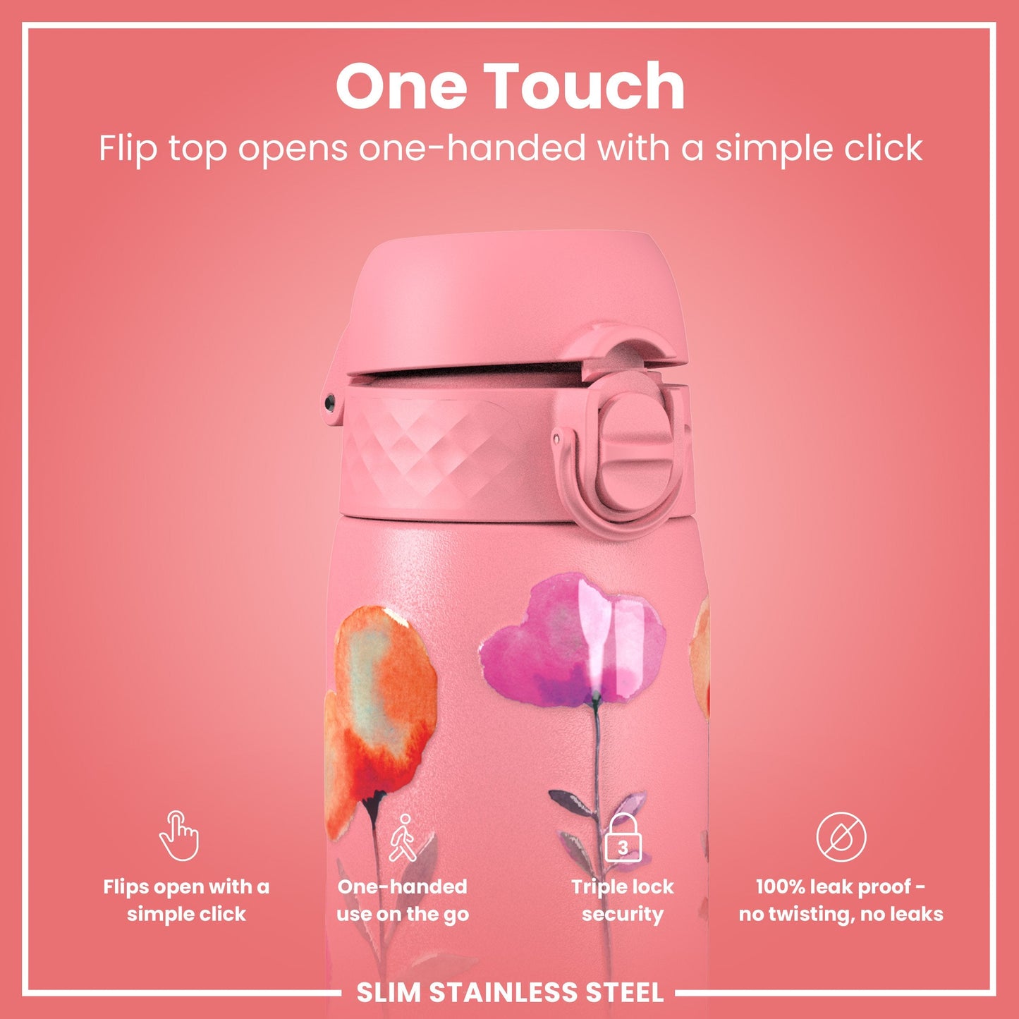 Leak Proof Slim Water Bottle, Stainless Steel, Flowers, 600ml (20oz)