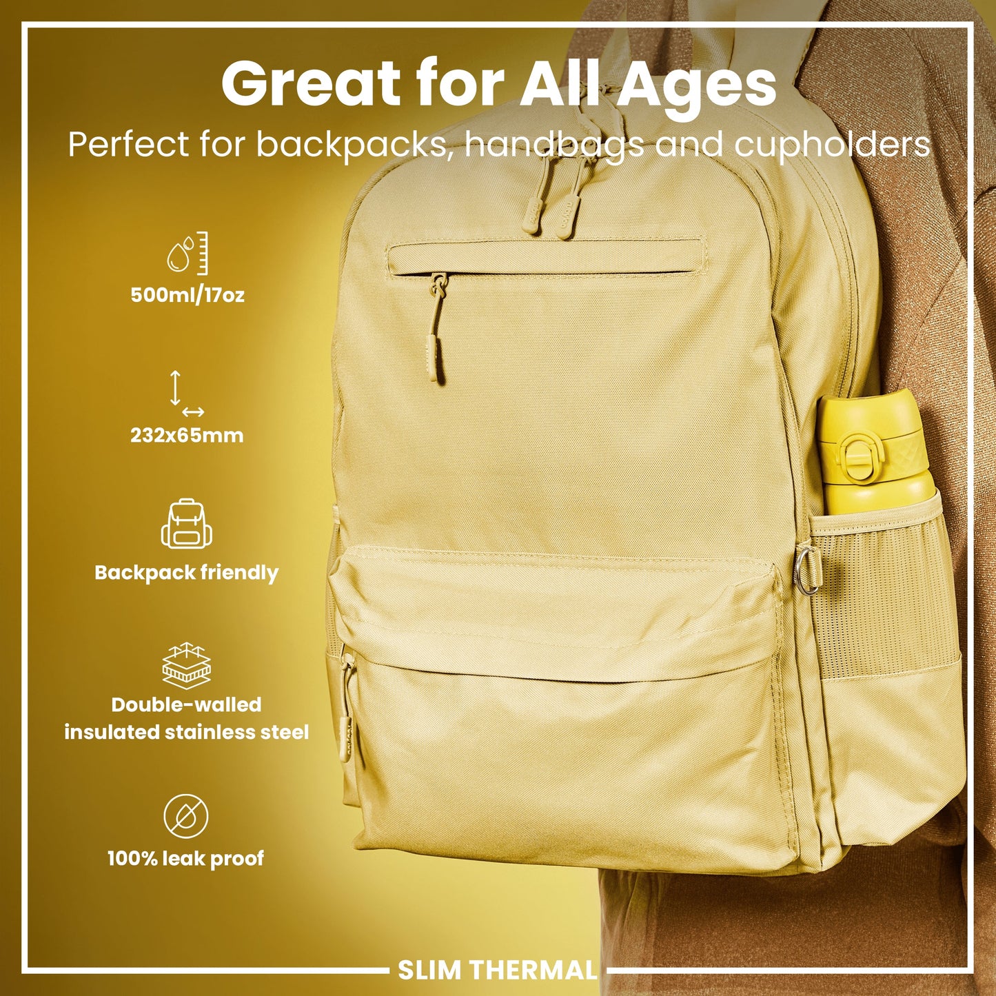 Leak Proof Slim Thermal Steel Water Bottle, Insulated, Yellow, 500ml (17oz)